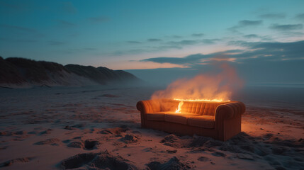 Fototapeta na wymiar burning sofa on an empty evening beach