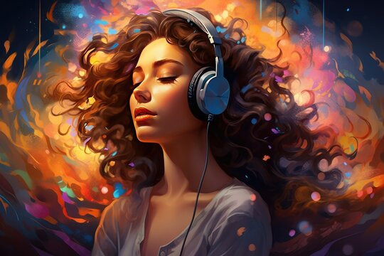 Beautiful young woman listening to music with headphones, Portrait of a beautiful young laughing woman with headphones listening to music. Happy fashionable girl AI generated