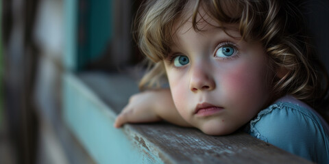 Thoughtful child with big blue eyes resting chin on hands, gazing out from a rustic windowsill