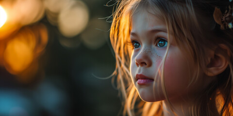 Young girl with freckles and earnest eyes lit by the sunset, giving her an ethereal look - obrazy, fototapety, plakaty