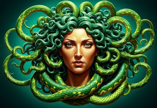Beautiful gorgon medusa graphics vector digital artwork illustration. Generative AI