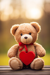 Teddy bear holding a heart-shaped pillow. Romantic and cute gift. Concept: Valentine's Day gift, Birthday, Wedding, Anniversary