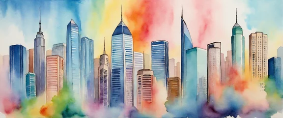Foto auf Acrylglas Aquarellmalerei Wolkenkratzer watercolor background city skyscrapers colored watercolor drawing. multicolor rainbow element Generative AI