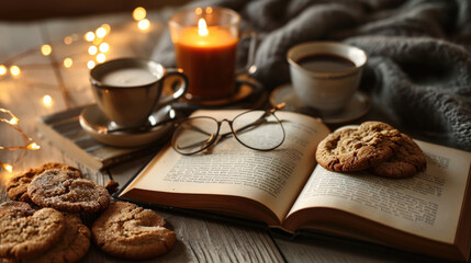 Open book and plate of cookies on table. Perfect for illustrating cozy reading and enjoying treat.