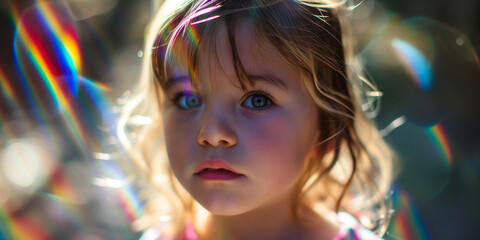 Child's face mesmerized by spectral light, her eyes a mirror to the vivid rainbow colors around her