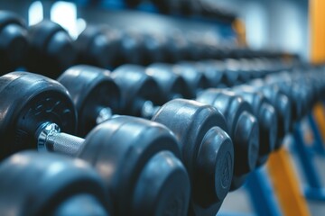 Fitness Equipment In Gym, Featuring Neatly Arranged Rows Of Dumbbells