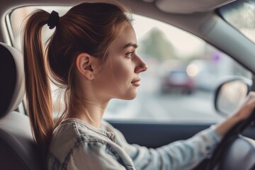 Focused Woman With Ponytail Behind The Wheel, Navigating The Road