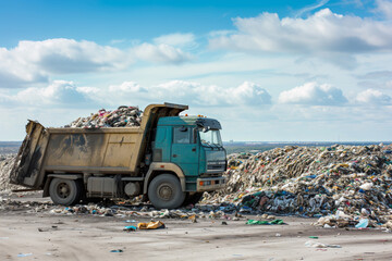 Garbage Coming Out Of Garbage Truck At Landfill