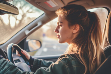 Determined Driver Steering The Road Ahead, Ponytail In Place