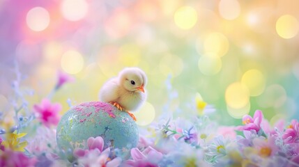 A Plush Toy Chick Nestled Inside an Oversized Pastel Painted Easter Egg