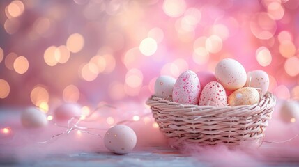 Fototapeta na wymiar Easter eggs in a basket bokeh background