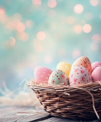 Fototapeta na wymiar Easter eggs in a basket bokeh background