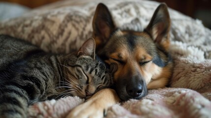 Fototapeta na wymiar a Cat and Dog, Sharing Playful Moments and Peaceful Naps, Proving that Diverse Friendships Create Heartwarming Connections