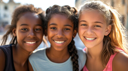 Group of young girls standing next to each other. Ideal for showcasing friendship, teamwork, or diversity.