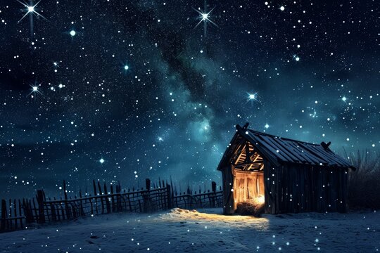 Beautiful Night: Jesus' Birth In A Snowy Setting With A Manger And Starry Sky