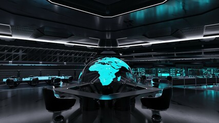  Inside view of the mission control center. Command center, control room, futuristic design, smart cities, data center, conference room, high tech - obrazy, fototapety, plakaty