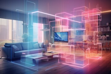 Naklejka premium Modern house interior with a digital hologram effect, Interior of modern living room with glowing lights. 3D rendering. AI generated