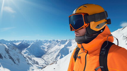 Fototapeta na wymiar Man wearing orange jacket and goggles is pictured on mountain. This image can be used to depict outdoor activities, adventure, and mountain sports
