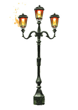 Fototapeta Forged iron elegant street lamp. Hand drawn watercolor illustration isolated on white background 