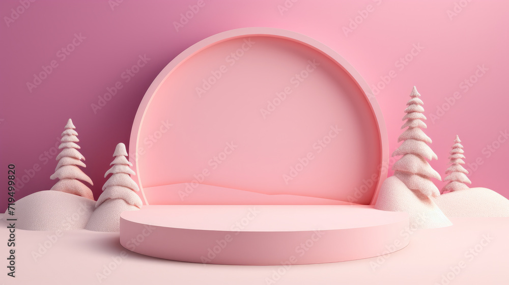 Poster pink empty stage with trees in background. suitable for various events and performances