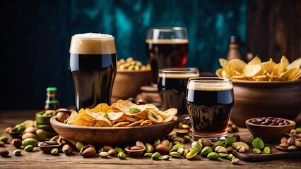 glasses with dark beer, various snacks on the table