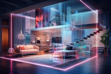 Modern house interior with a digital hologram effect, Interior of modern living room with glowing lights. 3D rendering. AI generated