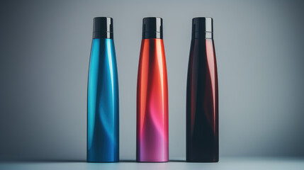 Three different colored bottles sitting next to each other. Ideal for product branding and advertising