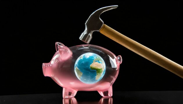 porquinho rosa vidro transparente com planeta terra dentro prestes a ser quebrado, fundo escuro