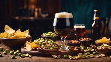 glasses with dark beer, various snacks on the table
