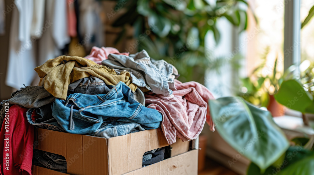 Poster pile of clothes sitting on top of cardboard box. versatile image that can be used for various concep