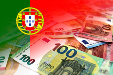 Euro banknotes colored in the colors of the flag of Portugal. Gradient overlay of the Portuguese...