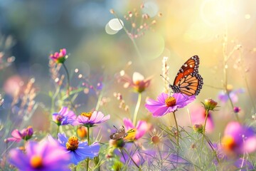 Embracing The Beauty Of Nature: Vibrant Cosmos Flowers And Butterflies In A Sunlit Meadow