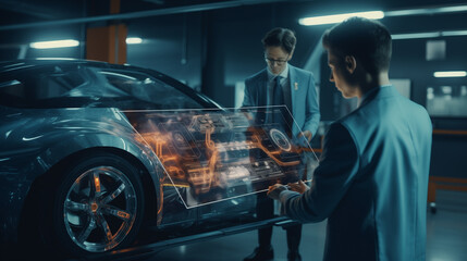 Concept of Electric Vehicle: Automotive engineers analyzing design of Electric Car using augmented holographic technology. High-tech industrial facility - obrazy, fototapety, plakaty