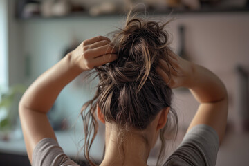 Fototapeta premium Woman Securing Her Hair Into Ponytail From The Back