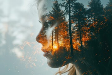 The problem of forest fires. A female silhouette merging with the burning trees in the forest. - obrazy, fototapety, plakaty