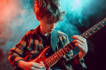 Young Boy Passionately Plays Electric Guitar, Exuding Raw Talent And Energy
