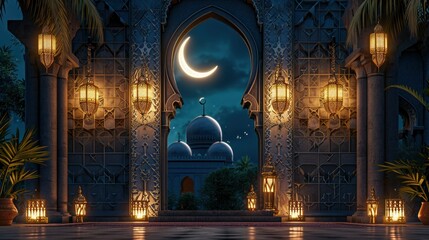 the Spirit of Ramadan, Featuring a Mosque, Crescent Moon, and Lanterns, Enhanced by Meticulous Lighting and Shadows for Depth and Realism - obrazy, fototapety, plakaty
