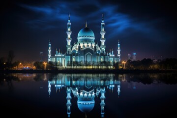 The beautiful serene mosque at night The beautiful serene mosque at night in the blessed month of Ramadan. AI generated