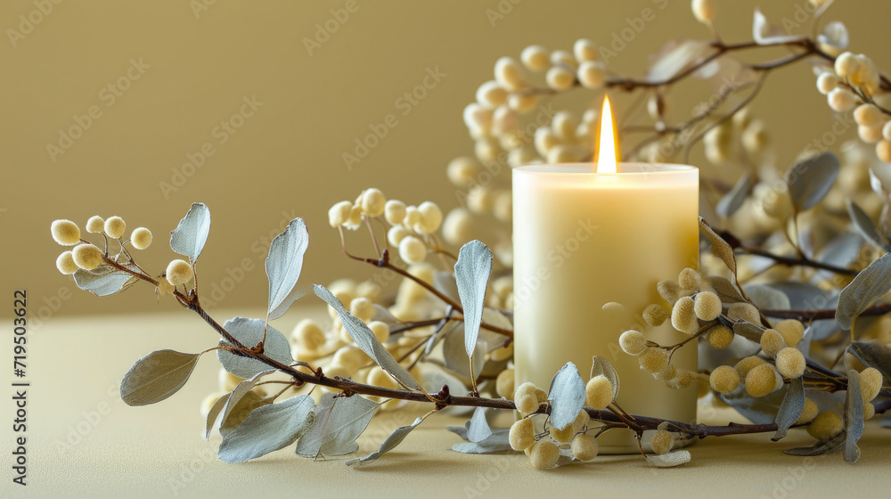 Poster lit candle sitting on top of table. perfect for creating cozy and intimate atmosphere. suitable for 