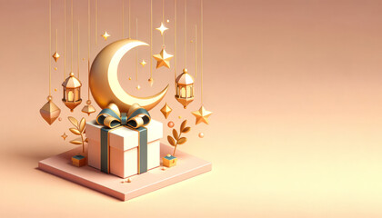 3D Ramadan Kareem celebration background illustration with a crescent moon, hanging lanterns, stars, clouds, and a beautifully wrapped gift.