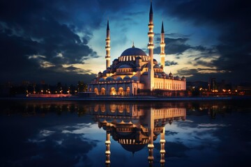 Obraz premium The beautiful serene mosque at night , serene mosque at night in the blessed jummah Mubarak. AI generated