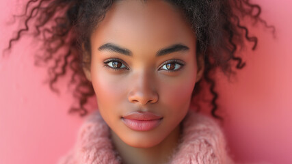 Portrait of a young dark-skinned model wearing a pink cashmere V-neck sweater on a pink background.