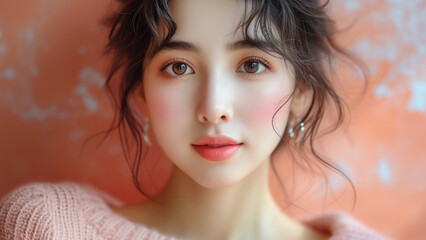 Fototapeta premium Portrait of a young asian model wearing a peach cashmere V-neck sweater on a peach background.