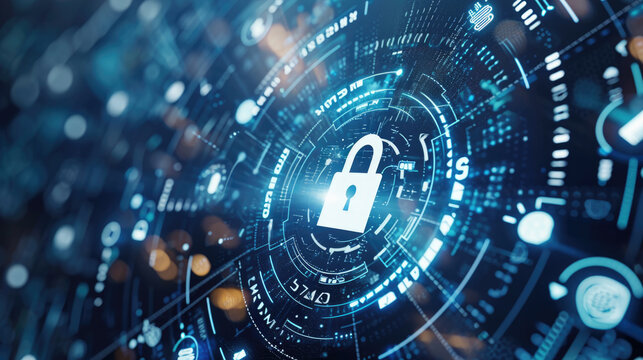 Padlock icon within a complex interface of cyber security network lines and glowing dots, symbolizing data protection, encryption, and information security.