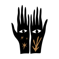 Hand drawn Reiki boho floral hands and moon art, meditation and energy healing practice illustration. Earth Day nature concept.