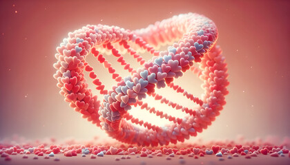DNA helix made of small pink and red hearts