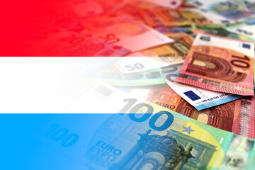 Euro banknotes colored in the colors of the flag of Luxembourg. Gradient overlay of the Luxembourgish flag on the euro notes.