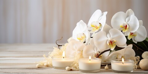 Fototapeta na wymiar Spa still life concept,Close up of spa theme on white wood background with burning candle and orchid