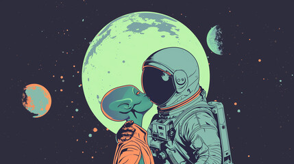 Naklejka premium Astronaut in a spacesuit kisses an alien in open space.