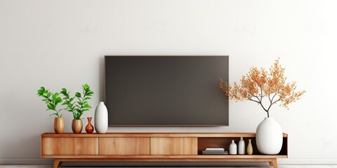 Television put on tv stand wood table, in minimal empty space luxury room background